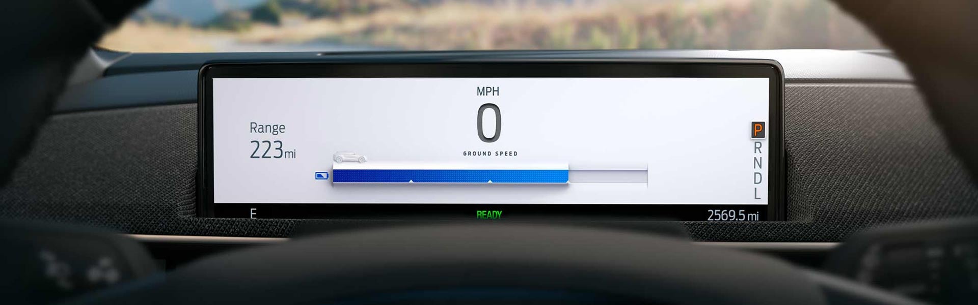 Close-up of a interactive panel showing range and speed